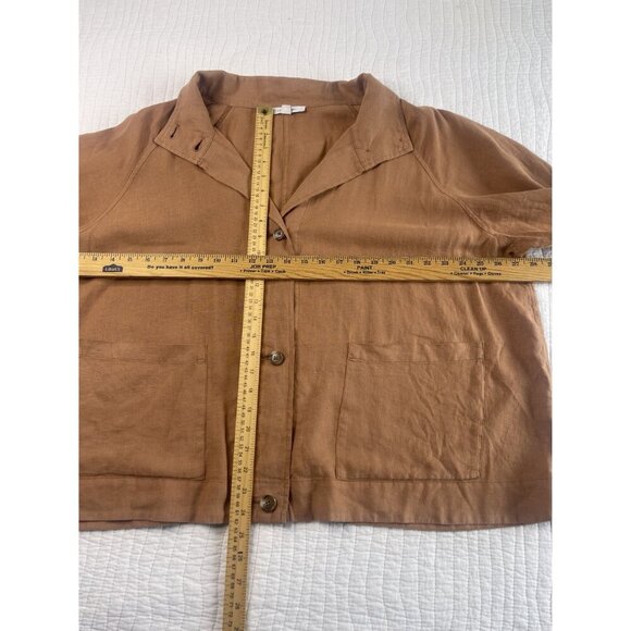Pure jill Elements Brown Button-Up Linen Jacket Pockets 2X High Collar 3/4 Sleev - Picture 10 of 10